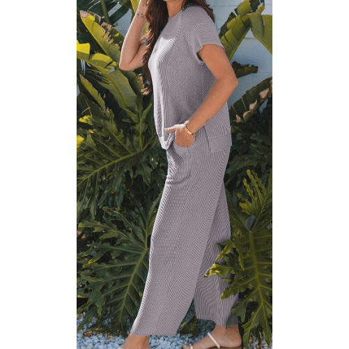 Janece Grey Corded Knit Short Sleeve T Shirt and Wide Leg Pants Set