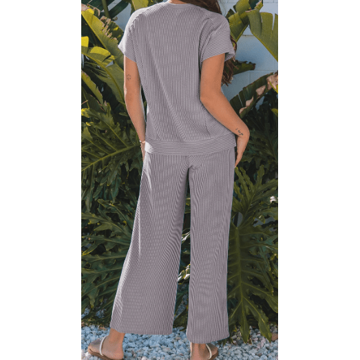 Janece Grey Corded Knit Short Sleeve T Shirt and Wide Leg Pants Set