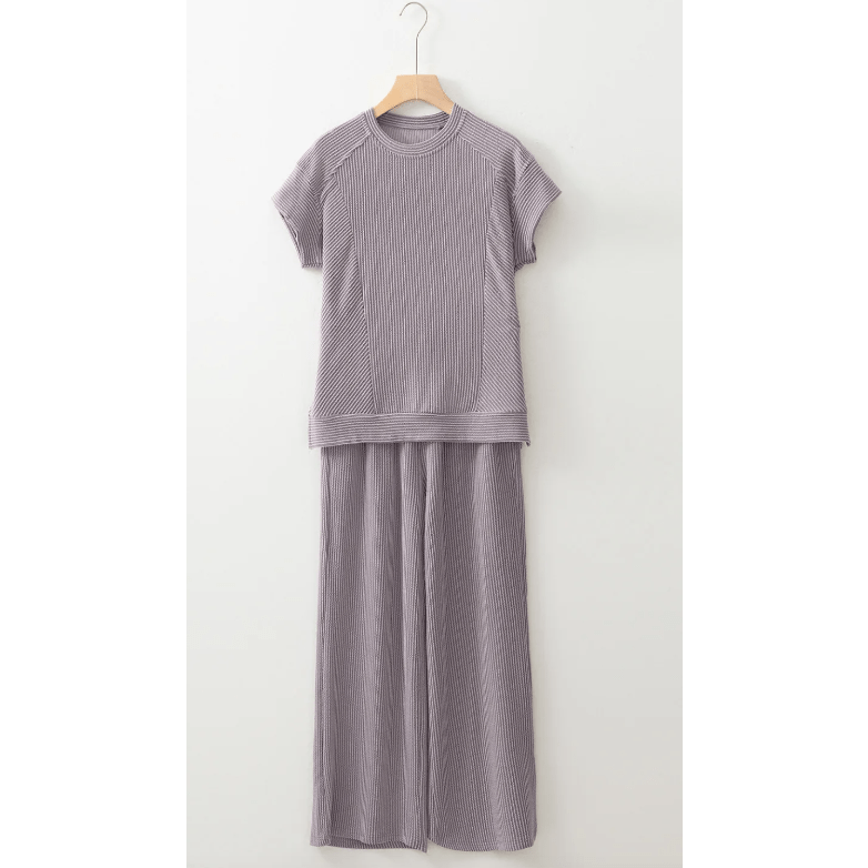 Janece Grey Corded Knit Short Sleeve T Shirt and Wide Leg Pants Set