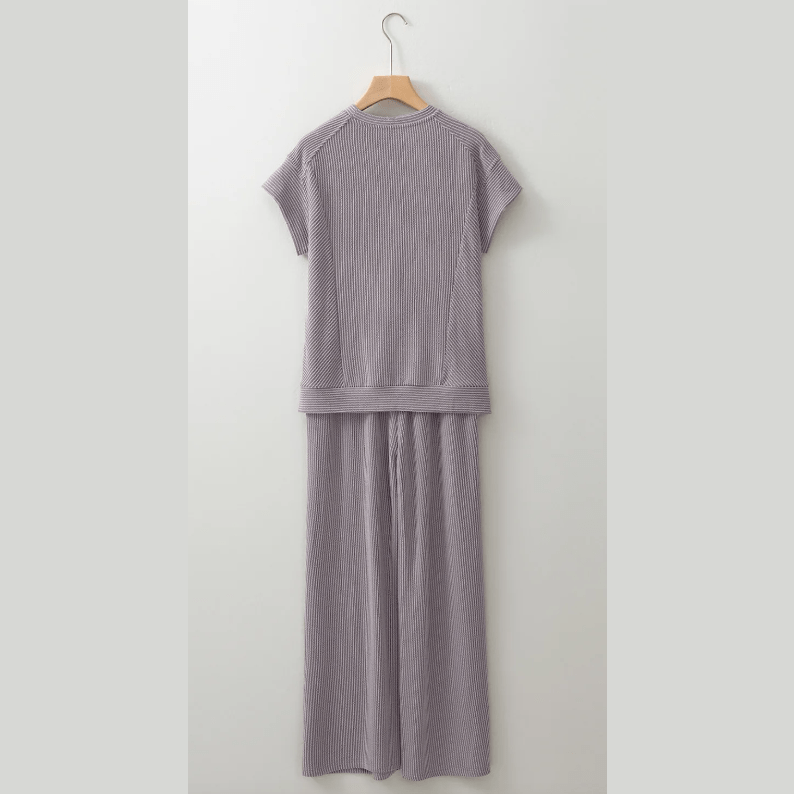 Janece Grey Corded Knit Short Sleeve T Shirt and Wide Leg Pants Set