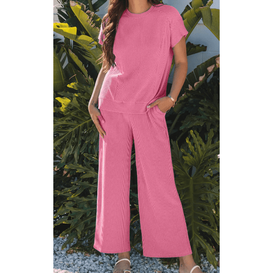 Janece Pink Corded Knit Short Sleeve T Shirt and Wide Leg Pants Set
