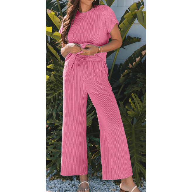 Janece Pink Corded Knit Short Sleeve T Shirt and Wide Leg Pants Set