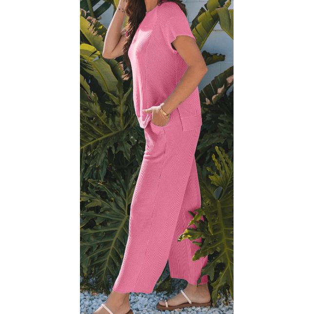 Janece Pink Corded Knit Short Sleeve T Shirt and Wide Leg Pants Set