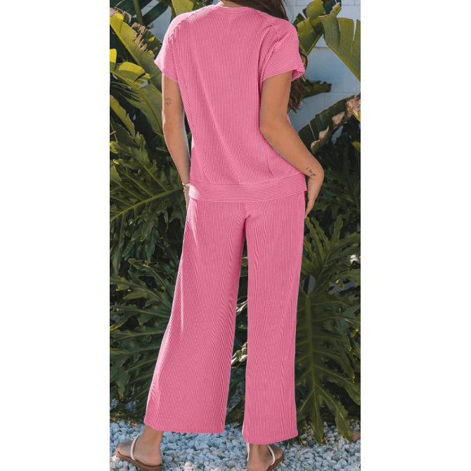 Janece Pink Corded Knit Short Sleeve T Shirt and Wide Leg Pants Set