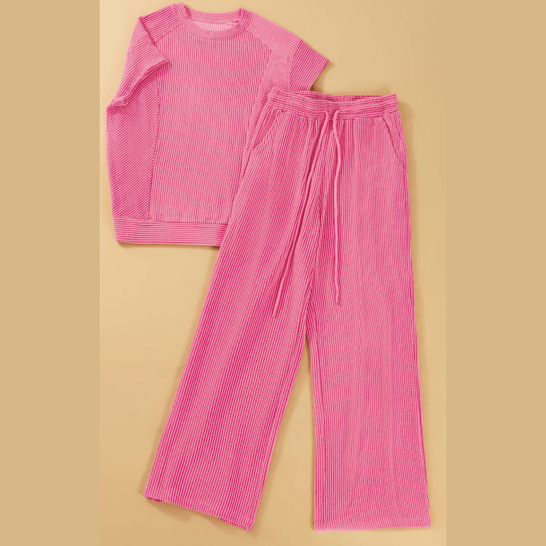 Janece Pink Corded Knit Short Sleeve T Shirt and Wide Leg Pants Set