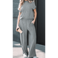 SALE!!!  Gladys Grey Twisted Ribbed High Neck Loose Tee Elastic High Waist Loose Pant Set