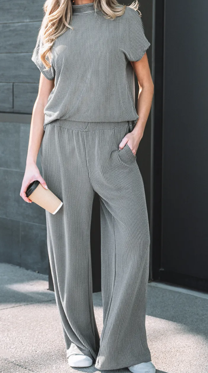 Gladys Grey Twisted Ribbed High Neck Loose Tee Elastic High Waist Loose Pant Set