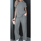 SALE!!!  Gladys Grey Twisted Ribbed High Neck Loose Tee Elastic High Waist Loose Pant Set