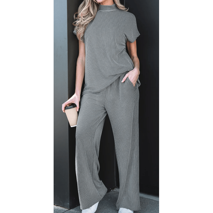 SALE!!!  Gladys Grey Twisted Ribbed High Neck Loose Tee Elastic High Waist Loose Pant Set