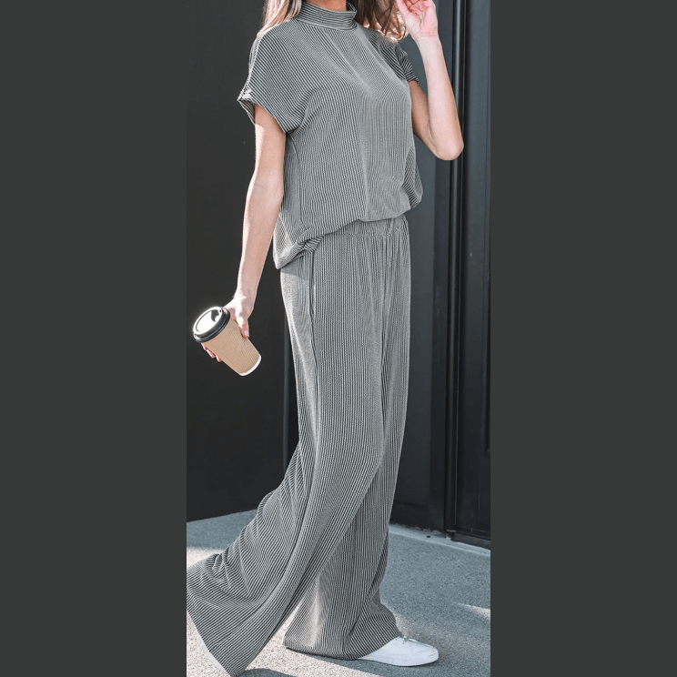 SALE!!!  Gladys Grey Twisted Ribbed High Neck Loose Tee Elastic High Waist Loose Pant Set