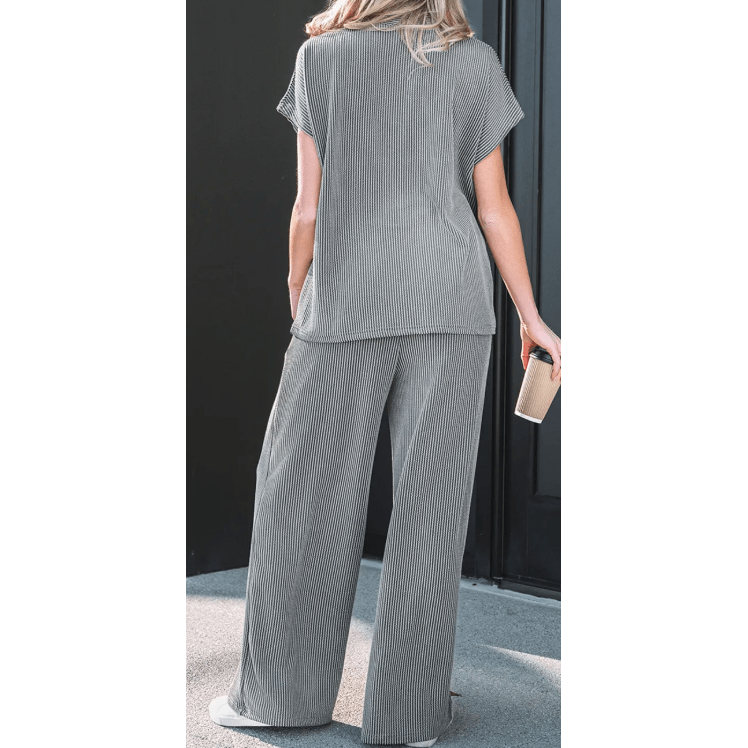 SALE!!!  Gladys Grey Twisted Ribbed High Neck Loose Tee Elastic High Waist Loose Pant Set