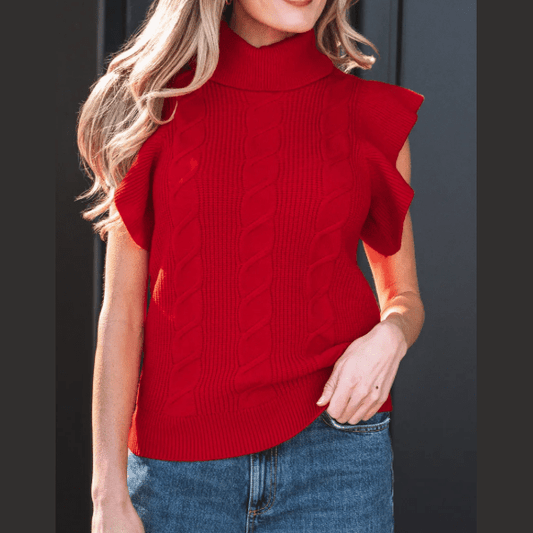 Myrtis Red Cable Knit Turtleneck Ruffled Short Sleeve Sweater