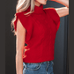 Myrtis Red Cable Knit Turtleneck Ruffled Short Sleeve Sweater