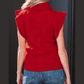 Myrtis Red Cable Knit Turtleneck Ruffled Short Sleeve Sweater