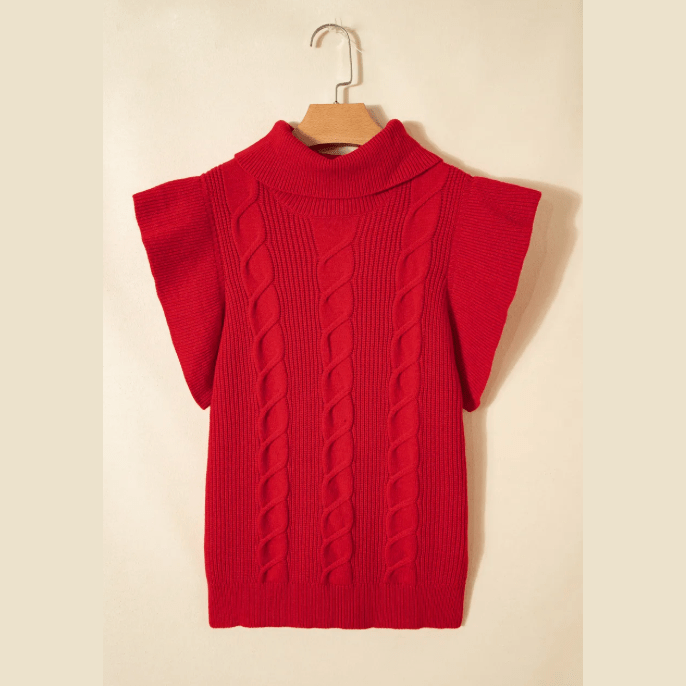 Myrtis Red Cable Knit Turtleneck Ruffled Short Sleeve Sweater