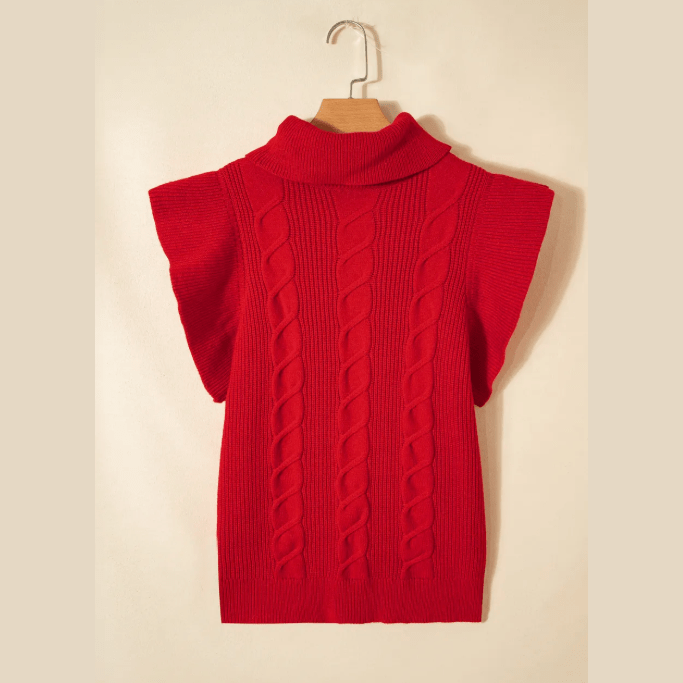 Myrtis Red Cable Knit Turtleneck Ruffled Short Sleeve Sweater