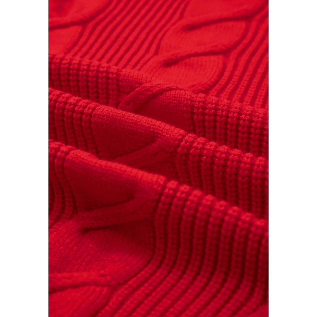Myrtis Red Cable Knit Turtleneck Ruffled Short Sleeve Sweater
