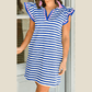 Lilybeth Blue Stripe Print Contrast Collar Split Neck Flutter Sleeve Short Dress