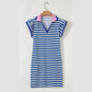 Lilybeth Blue Stripe Print Contrast Collar Split Neck Flutter Sleeve Short Dress