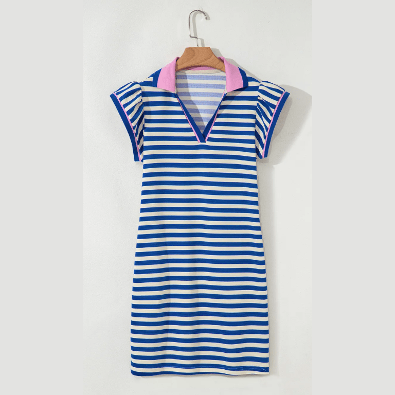 Lilybeth Blue Stripe Print Contrast Collar Split Neck Flutter Sleeve Short Dress