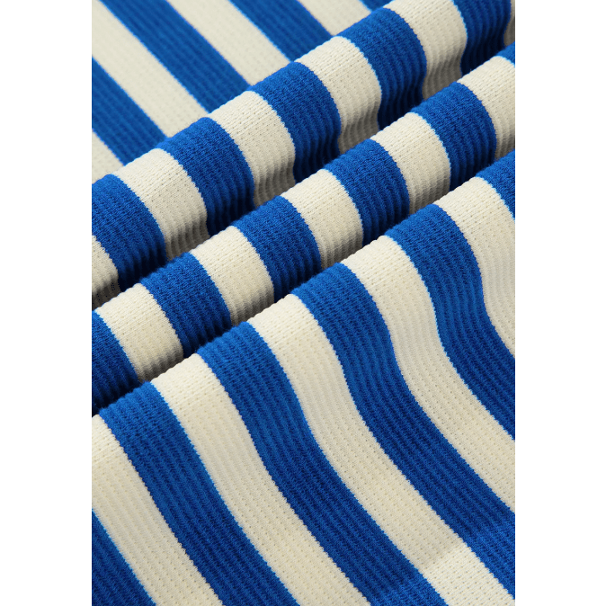 Lilybeth Blue Stripe Print Contrast Collar Split Neck Flutter Sleeve Short Dress