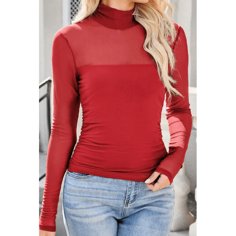 Nae Red Sheer Mesh Patchwork High Neck Long Sleeve Top
