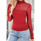 Nae Red Sheer Mesh Patchwork High Neck Long Sleeve Top