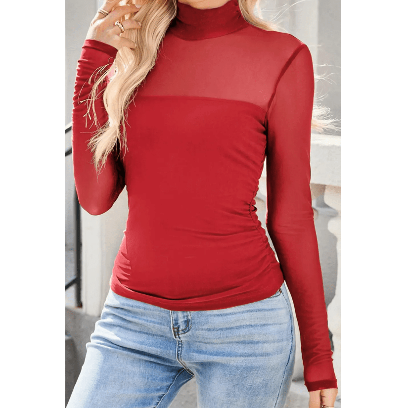 Nae Red Sheer Mesh Patchwork High Neck Long Sleeve Top