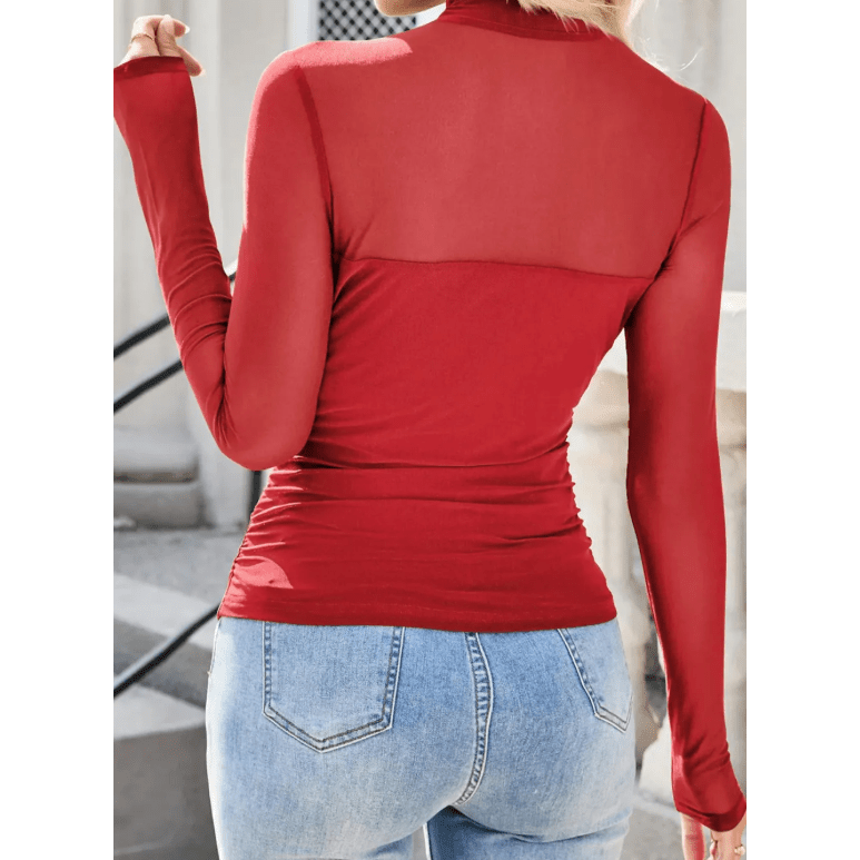 Nae Red Sheer Mesh Patchwork High Neck Long Sleeve Top