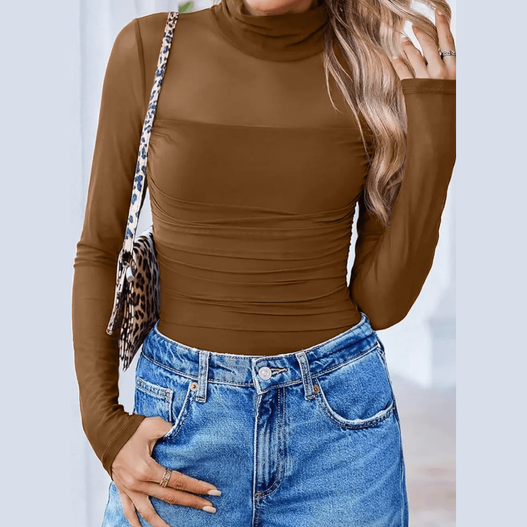 Nae Brown Sheer Mesh Patchwork High Neck Long Sleeve Top