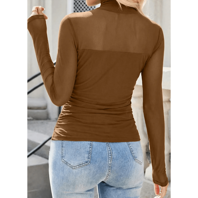 Nae Brown Sheer Mesh Patchwork High Neck Long Sleeve Top