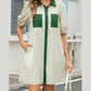 Charis Green Stripe Color Block Patchwork Shirt Collar Button Down Puff Sleeve Mini Dress