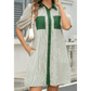 Charis Green Stripe Color Block Patchwork Shirt Collar Button Down Puff Sleeve Mini Dress