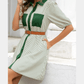 Charis Green Stripe Color Block Patchwork Shirt Collar Button Down Puff Sleeve Mini Dress