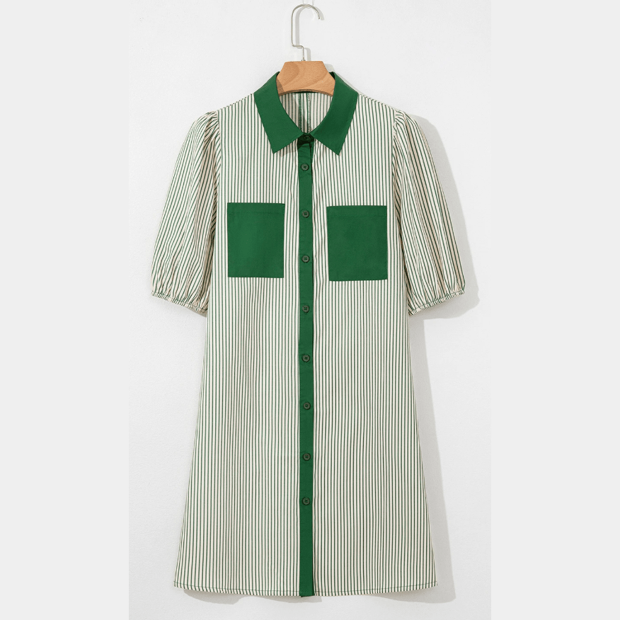 Charis Green Stripe Color Block Patchwork Shirt Collar Button Down Puff Sleeve Mini Dress
