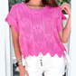 Syrena Hot Pink Pointelle Knit Patterned Scalloped Trim Short Sleeve Sweater