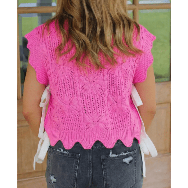 Syrena Hot Pink Pointelle Knit Patterned Scalloped Trim Short Sleeve Sweater