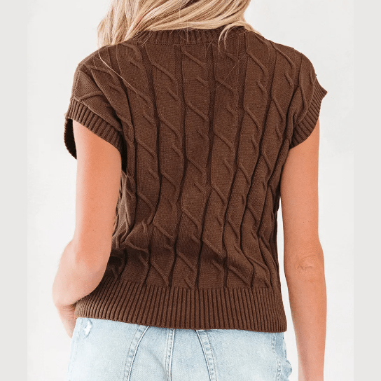 Roxy Dark Brown Cable Texture Crew Neck Short Sleeve Sweater Top