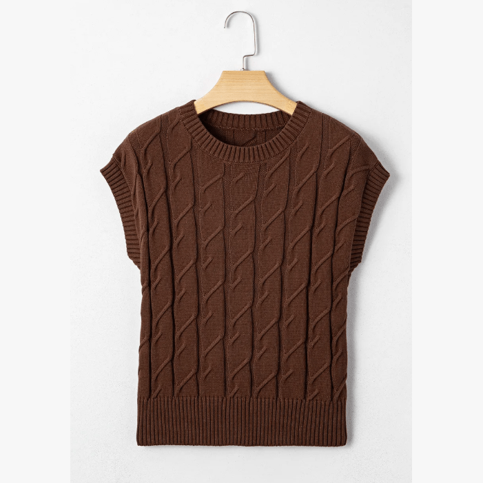 Roxy Dark Brown Cable Texture Crew Neck Short Sleeve Sweater Top