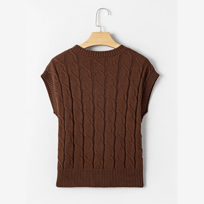 Roxy Dark Brown Cable Texture Crew Neck Short Sleeve Sweater Top