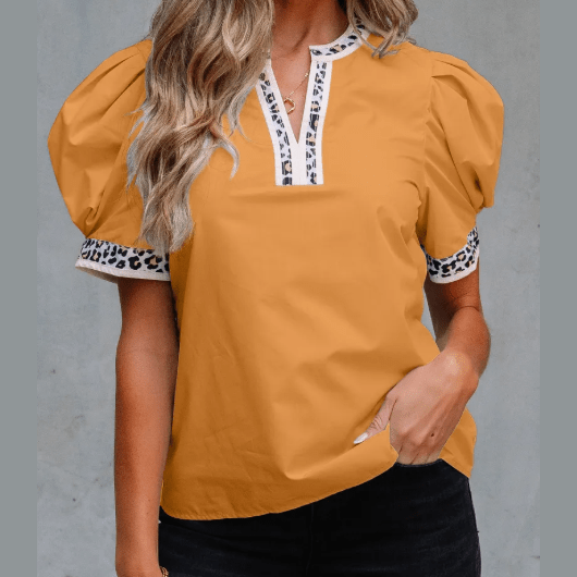 Skylie Buckskin Contrast Leopard Trim Split Neck Puff Sleeve Blouse