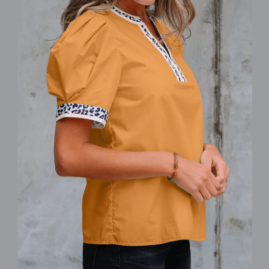 Skylie Buckskin Contrast Leopard Trim Split Neck Puff Sleeve Blouse