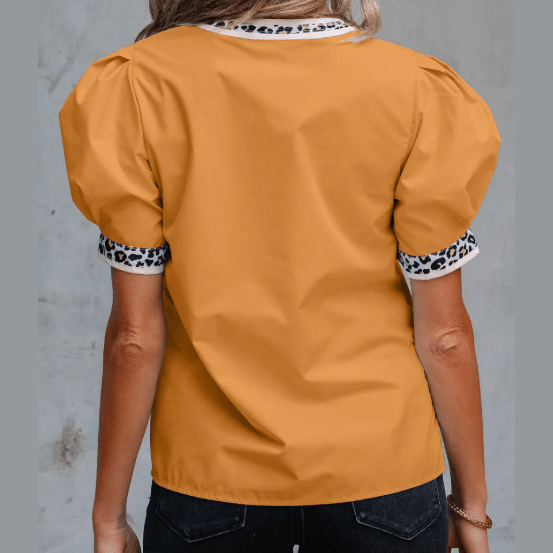Skylie Buckskin Contrast Leopard Trim Split Neck Puff Sleeve Blouse