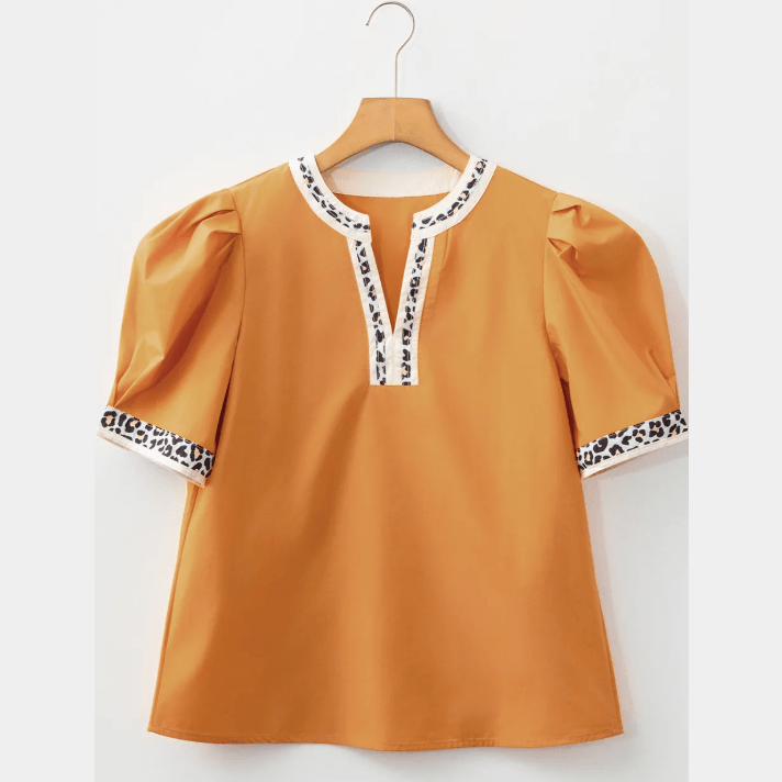 Skylie Buckskin Contrast Leopard Trim Split Neck Puff Sleeve Blouse