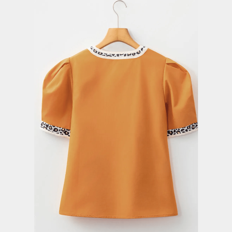 Skylie Buckskin Contrast Leopard Trim Split Neck Puff Sleeve Blouse