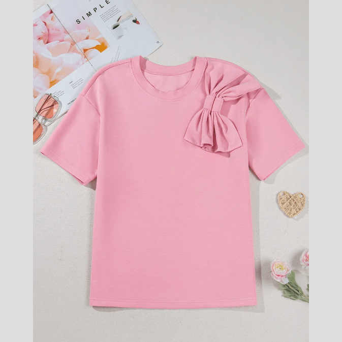 Zaylee Pink Bow Applique Half Sleeve T-shirt