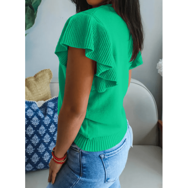 Carrison Green Ribbed Trim Round Neck Ruffle Short Sleeve Sweater