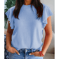 Carrison Blue Ribbed Trim Round Neck Ruffle Short Sleeve Sweater