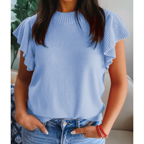 Carrison Blue Ribbed Trim Round Neck Ruffle Short Sleeve Sweater