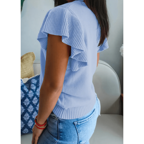 Carrison Blue Ribbed Trim Round Neck Ruffle Short Sleeve Sweater
